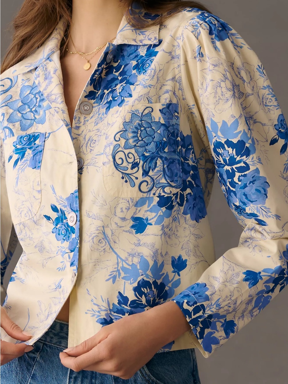 Anthropologie Porridge Blue Floral Cream Button-Down Shirt